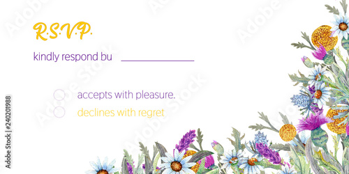 Wedding frame of wild flowers. Watercolor. Flower arrangement. Greeting card template design. Invitation background. Horizontal orientation