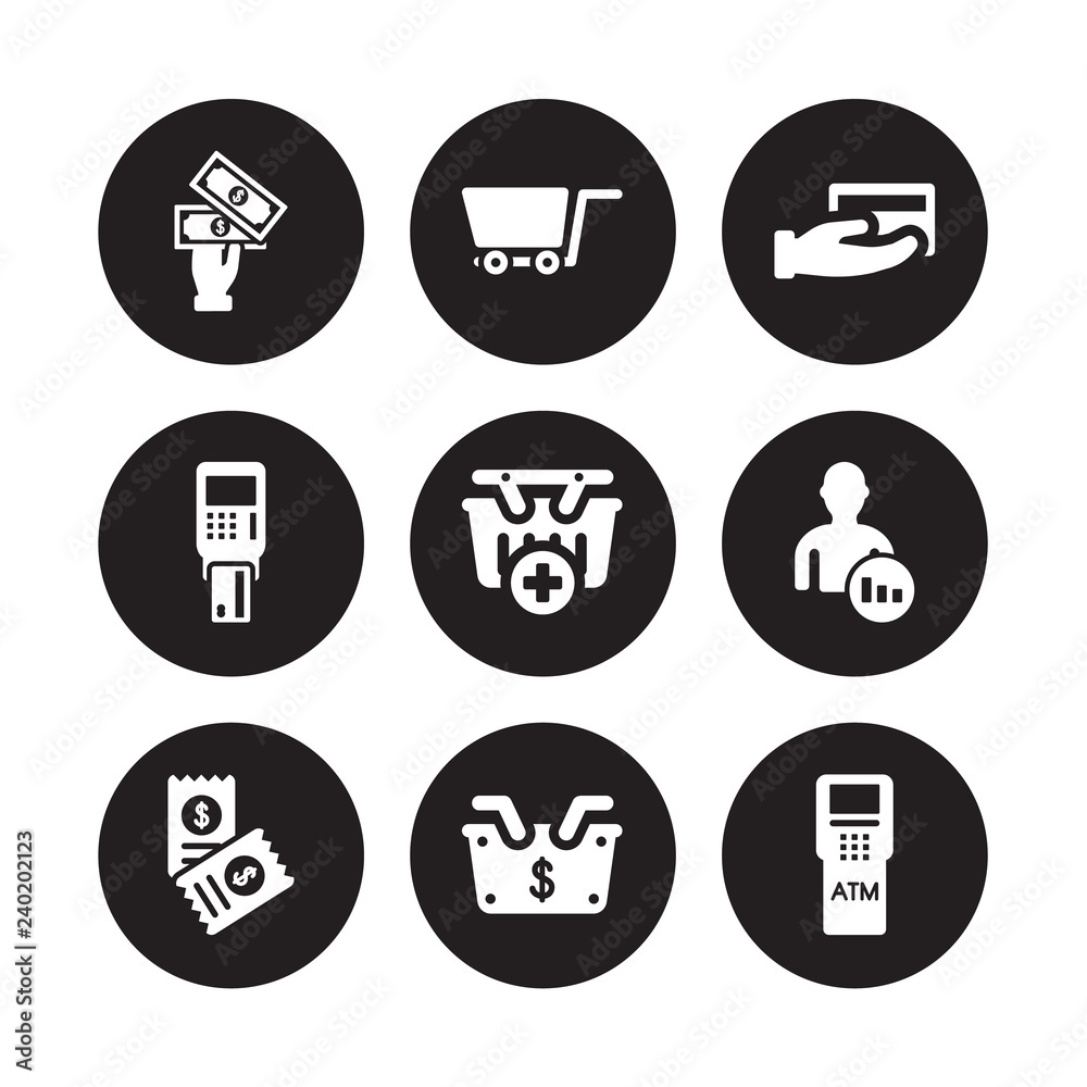 9 vector icon set : Cash, Cart, Bills, Broker, Buy, Card payment, machine, Basket isolated on black background 9 vector icon set : Cash, Cart, Bills, Broker, Buy, Card payment, machine, Basket isolated on black background