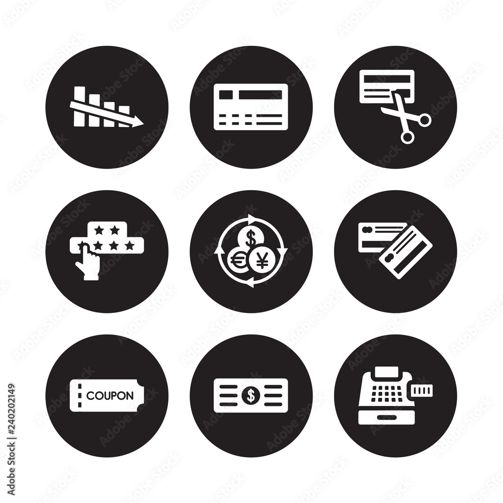 9 vector icon set : Decrease, Cit card, Coupon, Currency, Cut Customer review, Cheque isolated on black background