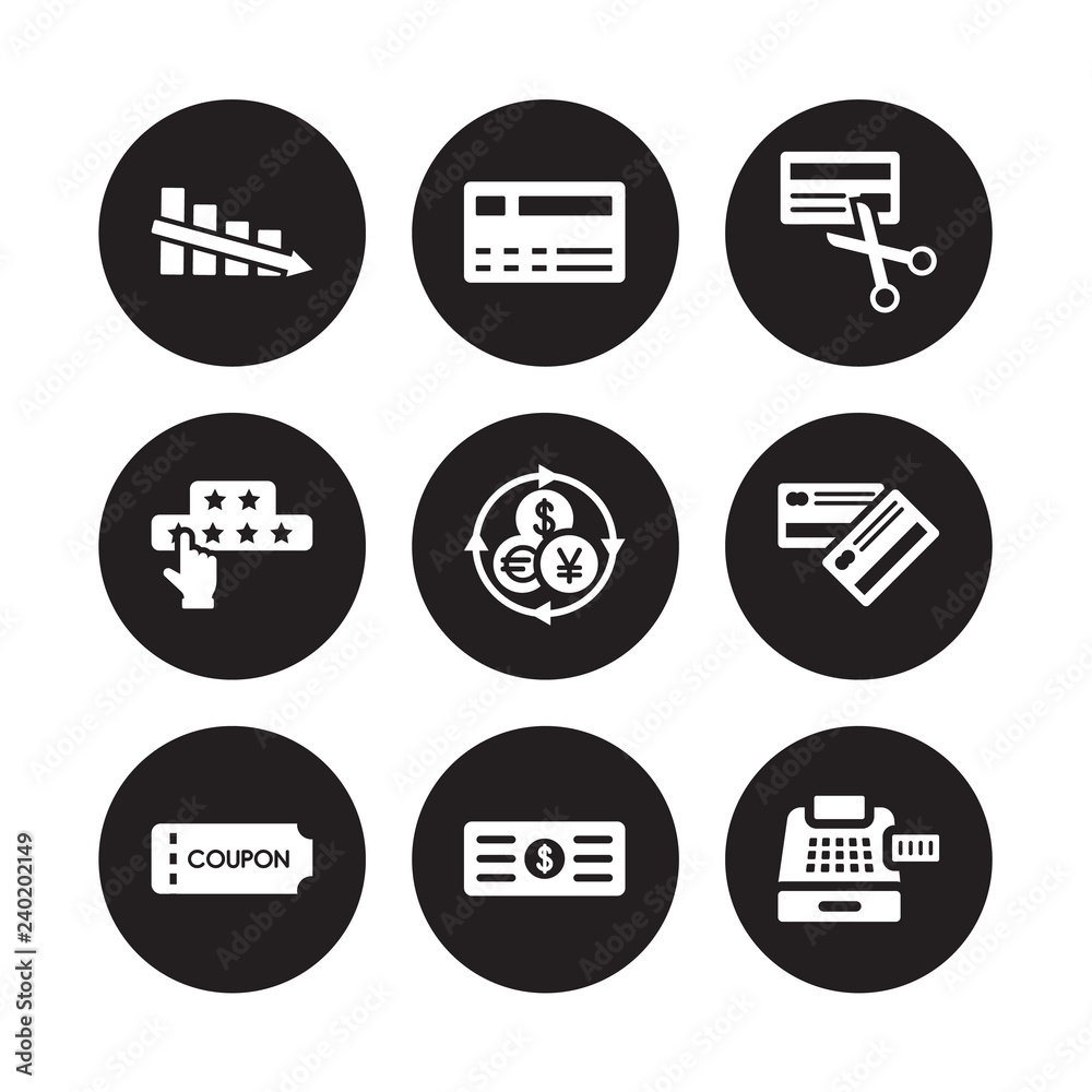 9 vector icon set : Decrease, Cit card, Coupon, Currency, Cut Customer review, Cheque isolated on black background 9 vector icon set : Decrease, Cit card, Coupon, Currency, Cut Customer review, Cheque isolated on black background
