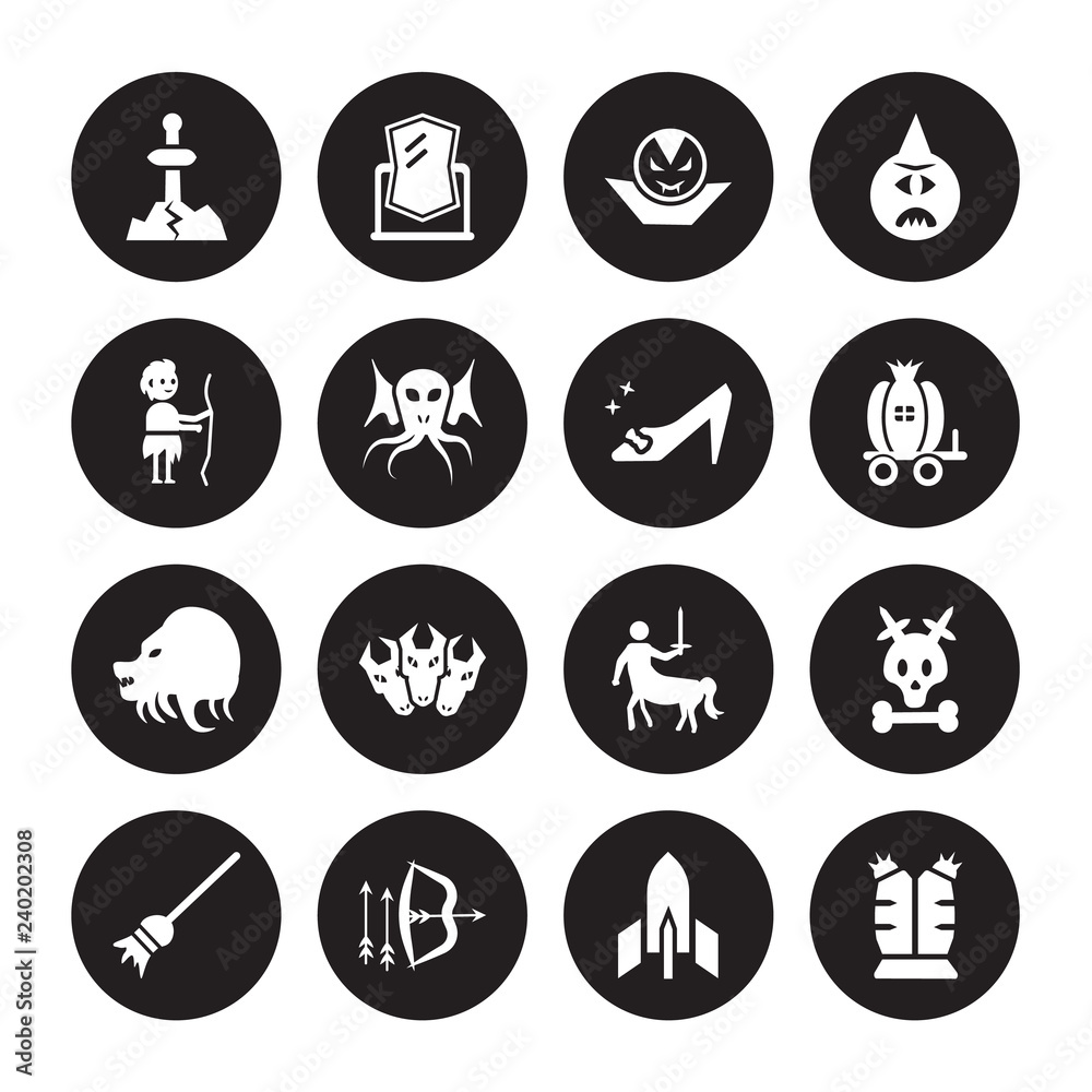 16 vector icon set : Excalibur, Atomic bomb, Bow and arrow, Broomstick, Caribbean, Armor, Curupira, Chimera, Cinderella shoe isolated on black background