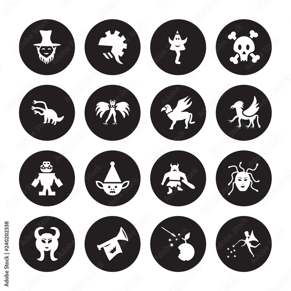 16 vector icon set : Leprechaun, Fairy tale, Fanfare, Faun, female Medusa, Fairy, Hydra, Golem, Gryphon isolated on black background 16 vector icon set : Leprechaun, Fairy tale, Fanfare, Faun, female Medusa, Fairy, Hydra, Golem, Gryphon isolated on black background