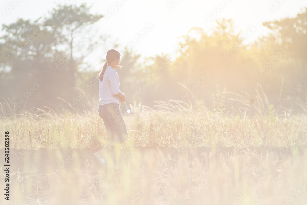 Women walking in rice fields at sunset