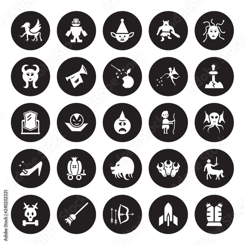 25 vector icon set : Griffin, Atomic bomb, Bow and arrow, Broomstick, Caribbean, Excalibur, Curupira, Chimera, Cinderella shoe, Faun, Goblin, Golem isolated on black background.