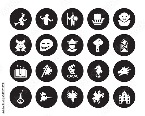 20 vector icon set : Witch, Pegasus, Phoenix, Pinocchio, Potion, Vampire, Talking tree, Shipwreck, Spellbook, Troll, Warrior isolated on black background
