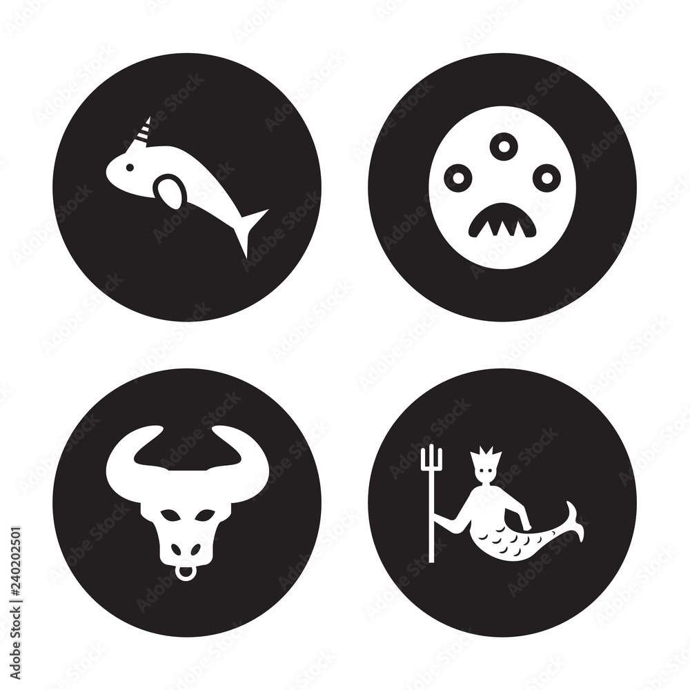 4 vector icon set : Narwhal, Minotaur, Monster, Merman isolated on black background 4 vector icon set : Narwhal, Minotaur, Monster, Merman isolated on black background