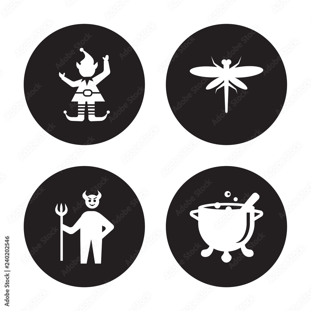 4 vector icon set : Elf, Devil, Dragonfly, Cauldron isolated on black background
