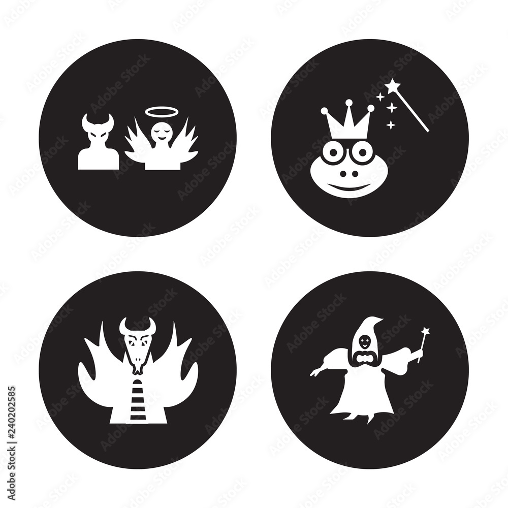 4 vector icon set : antagonist, myth, enchantment, fairy godmother isolated on black background