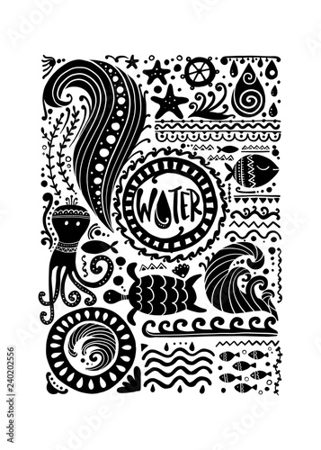 Four elements concept. Water design background. Black silhouette