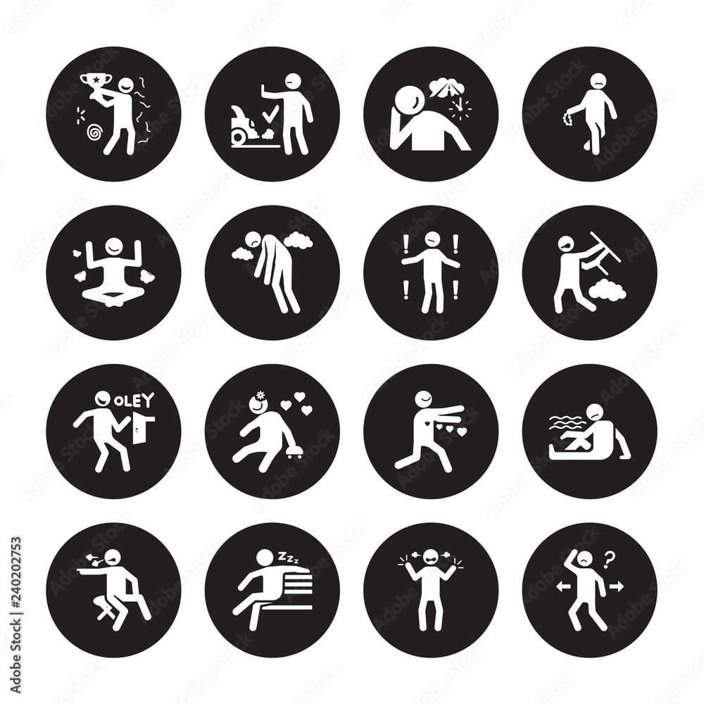 16 vector icon set : old human, irritated lazy lonely lost inspi motivated lucky meh human isolated on black background