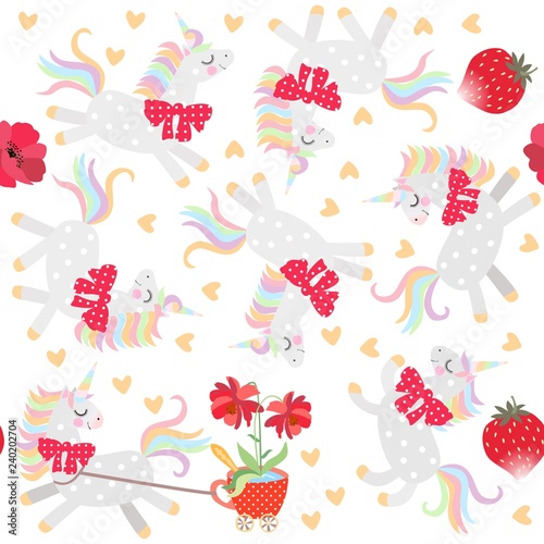 Seamless pattern with cute little unicorns, hearts, strawberry and flowers in red mug.