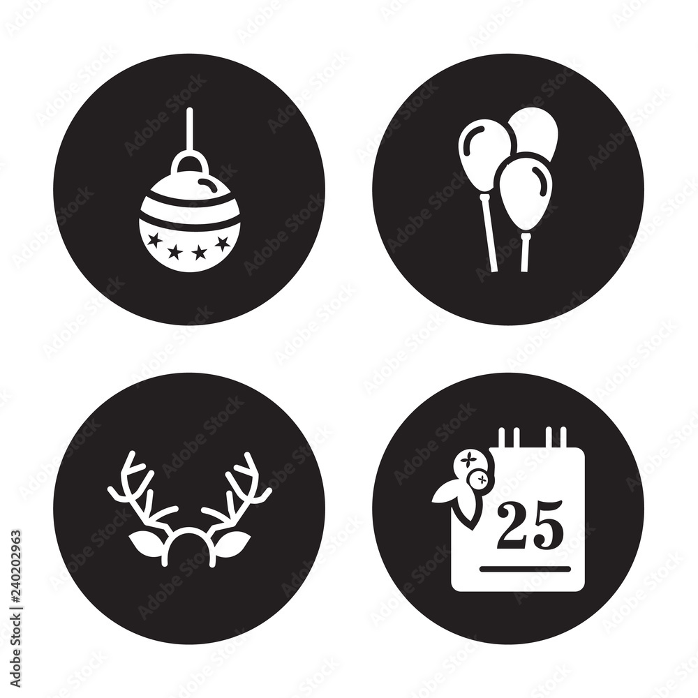 4 vector icon set : Bauble, Antlers, Balloons, 25-Dec isolated on black background