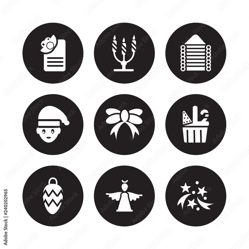 9 vector icon set : Christmas card, christmas candelabra, ball, Basket, Bow, Cabin, Boy, angel isolated on black background 9 vector icon set : Christmas card, christmas candelabra, ball, Basket, Bow, Cabin, Boy, angel isolated on black background