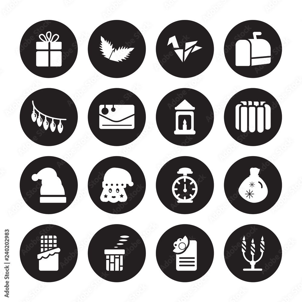 16 vector icon set : Christmas present, card, Chimney, christmas chocolate, Bag, candelabra, Lights isolated on black background 16 vector icon set : Christmas present, card, Chimney, christmas chocolate, Bag, candelabra, Lights isolated on black background