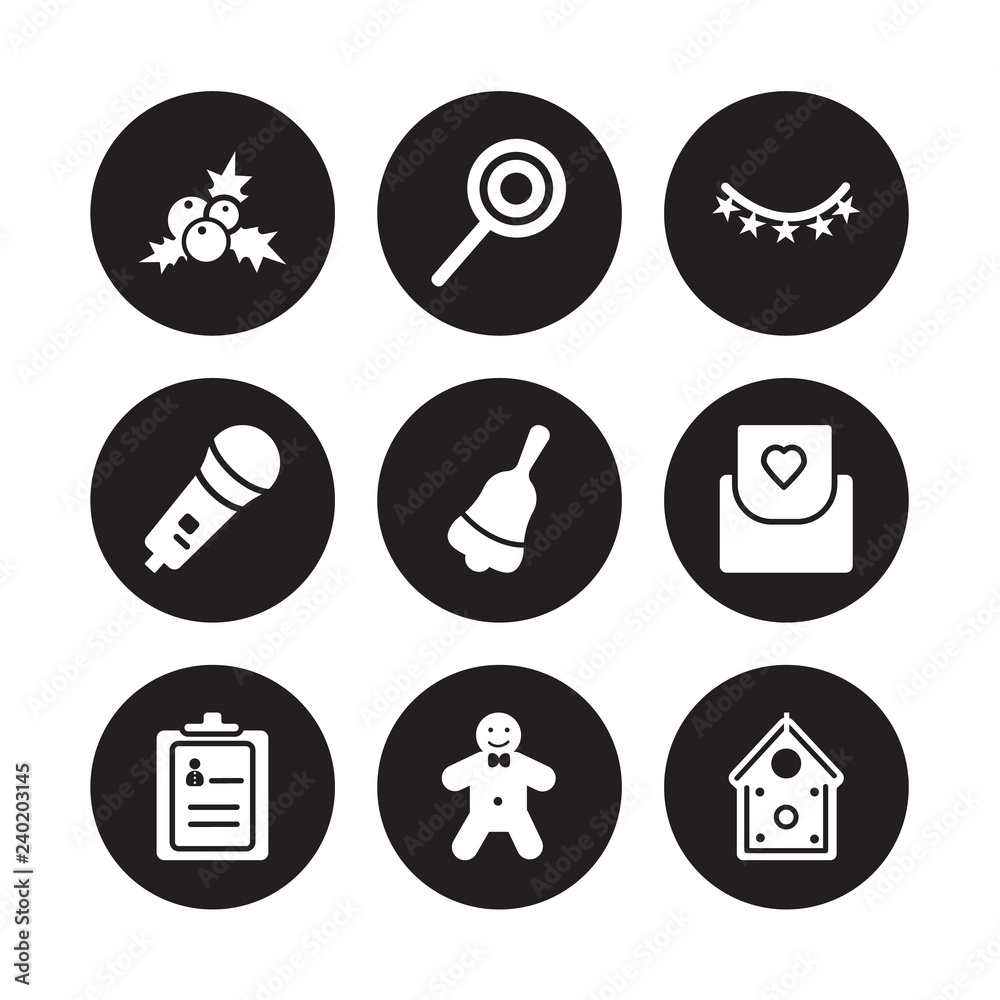 9 vector icon set : mistletoe, Lollipop, Guest list, Invitation, Jingle bell, Lights, Karaoke, Gingerbread man isolated on black background