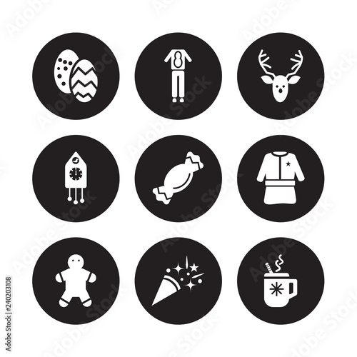 9 vector icon set : Easter egg, Deer Costume, Cookie, Cracker, Deer, Cuckoo Clock, Confetti isolated on black background