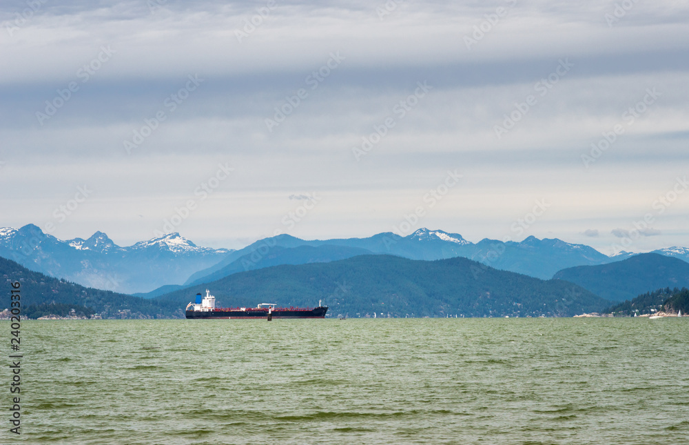 Tanker ship anchored at entrance to Burrard Inlet, Vancouver, Br Tanker ship anchored at entrance to Burrard Inlet, Vancouver, Br