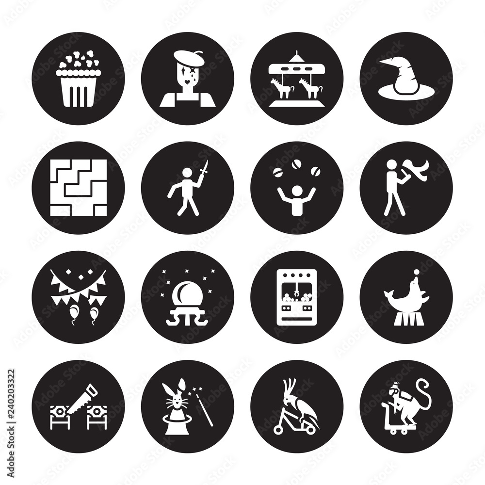 16 vector icon set : Pop corn, Circus Parrot, Rabbit, Sawing, Seal, Monkey, Labyrinth, Decoration, Juggler isolated on black background 16 vector icon set : Pop corn, Circus Parrot, Rabbit, Sawing, Seal, Monkey, Labyrinth, Decoration, Juggler isolated on black background