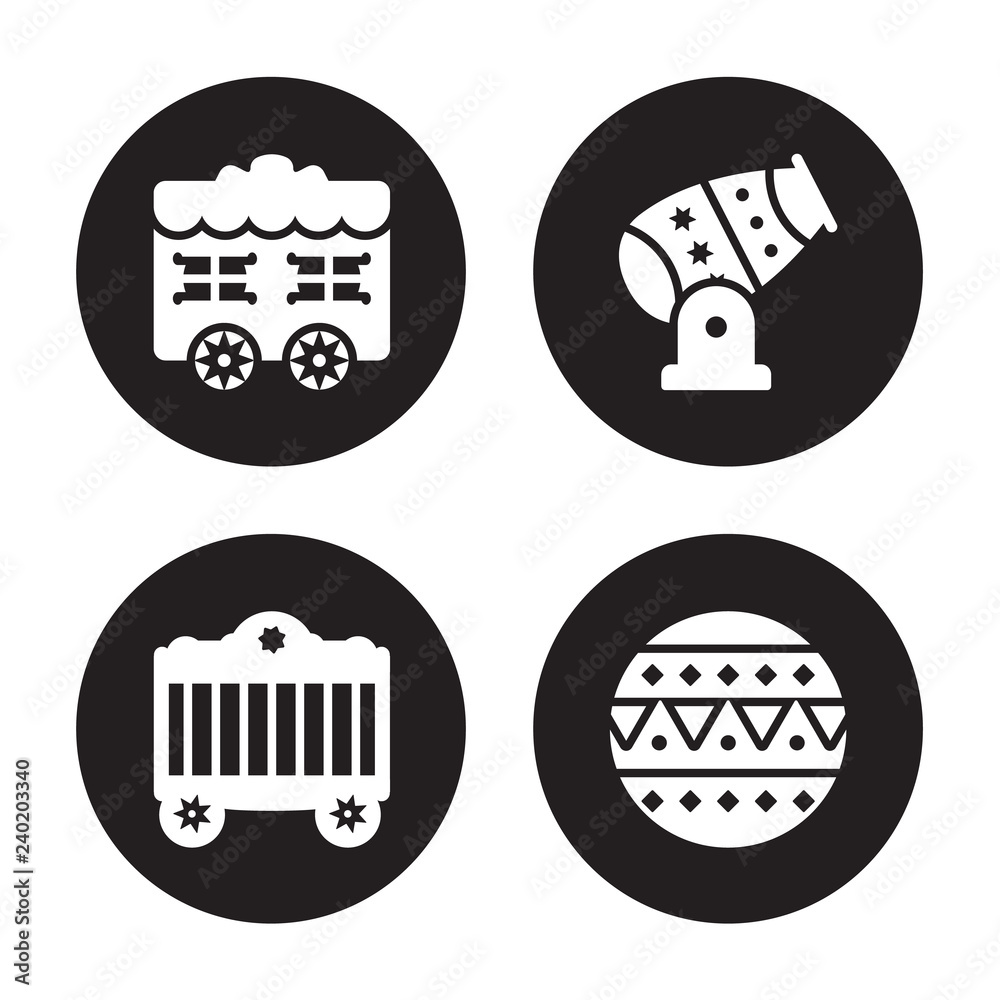 4 vector icon set : Circus Car, Cage, Canon, ball isolated on black background 4 vector icon set : Circus Car, Cage, Canon, ball isolated on black background