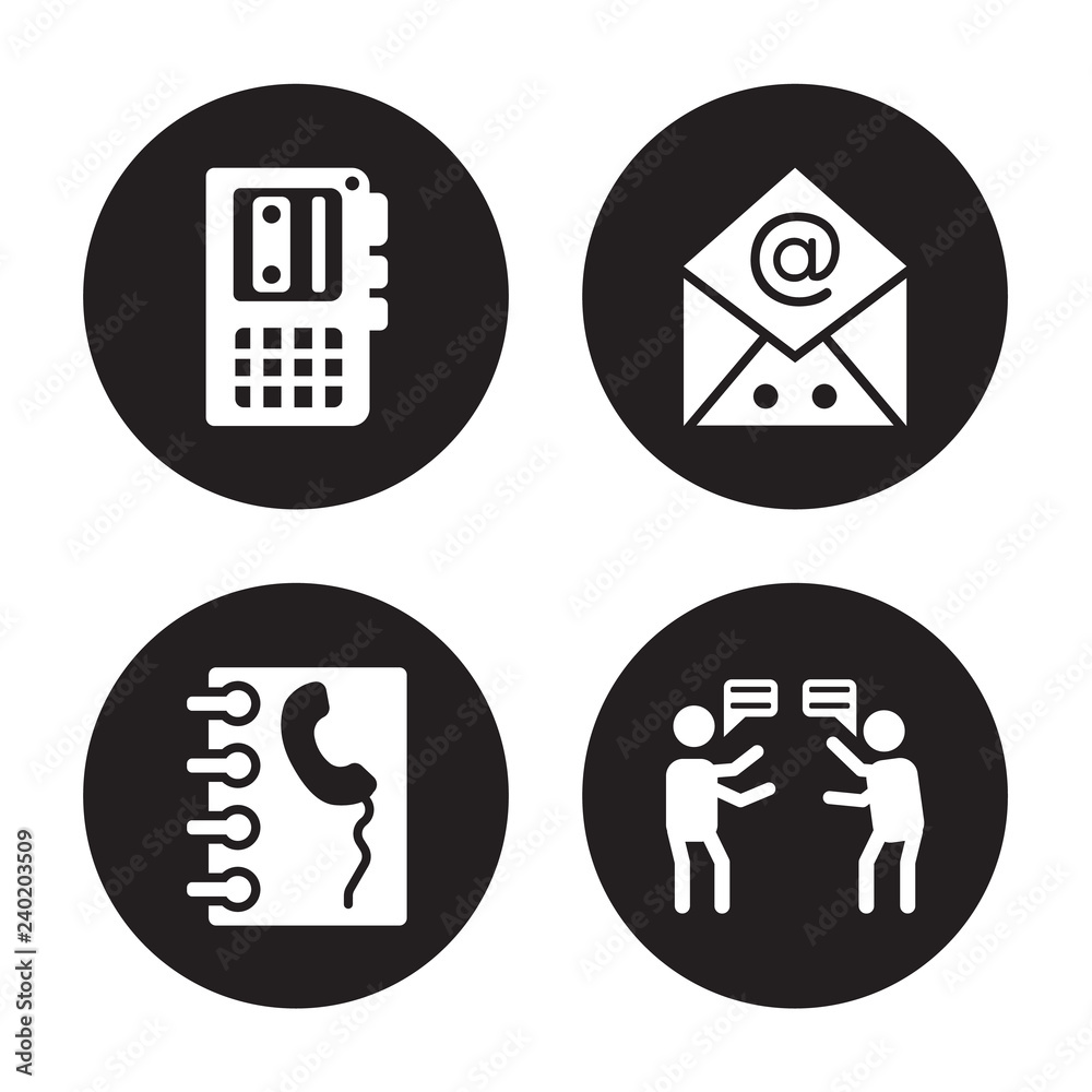 4 vector icon set : Voice recorder, Contact, Emails, Quarrel isolated on black background 4 vector icon set : Voice recorder, Contact, Emails, Quarrel isolated on black background