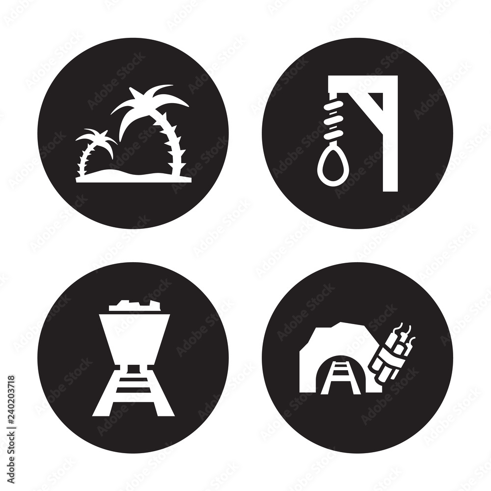 4 vector icon set : Oasis, Mine Wagon, Noose, isolated on black background