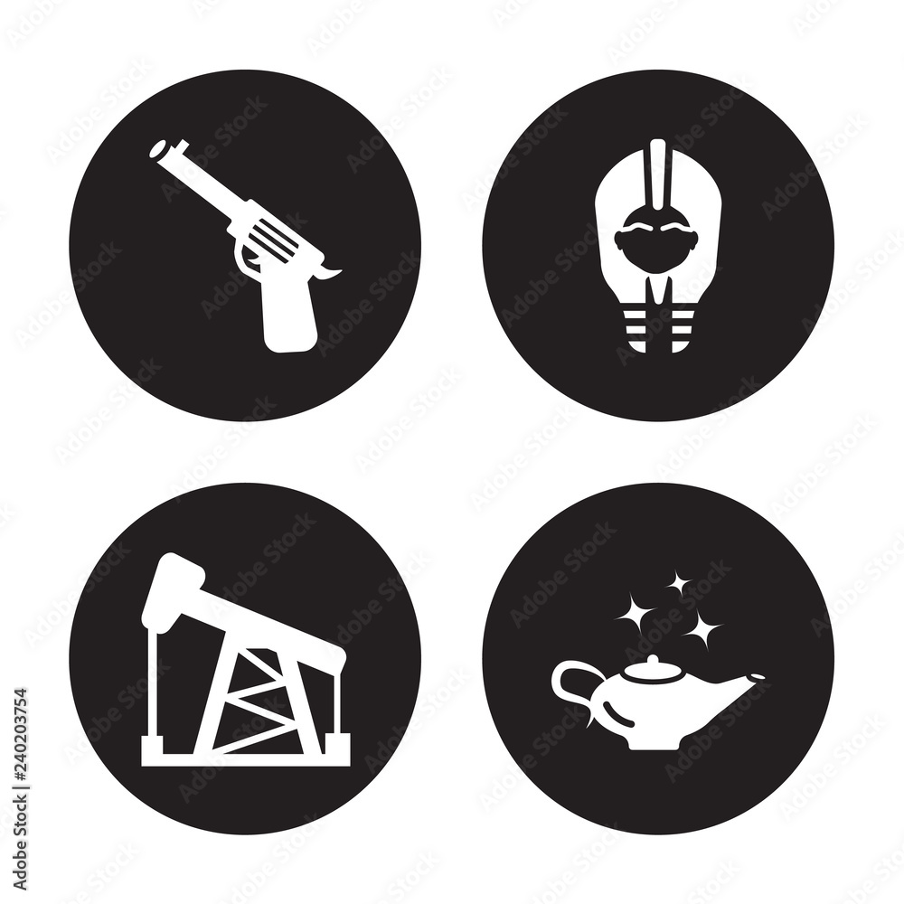 4 vector icon set : Revolver, Petroleum, Pharaoh, Palm tree isolated on black background 4 vector icon set : Revolver, Petroleum, Pharaoh, Palm tree isolated on black background