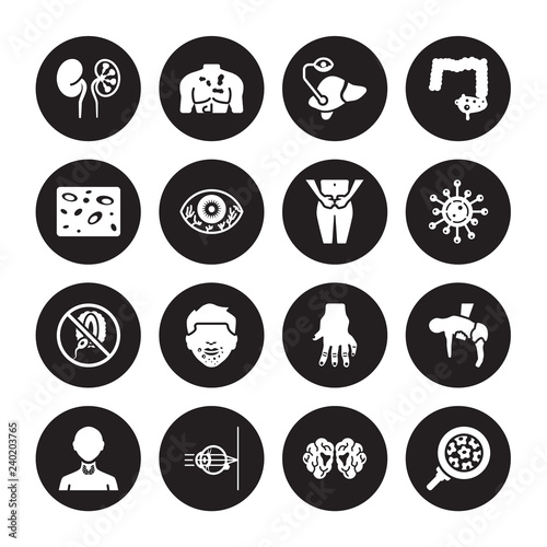 16 vector icon set : Iron-deficiency anemia, Human papillomavirus (HPV), Huntington's disease, Hypermetropia, Hyperopia, papillomavirus, Infertility isolated on black background