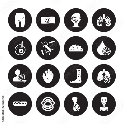 16 vector icon set : Limbtoosa, Jaundice, Keloids, Kidney Disease (Chronic Disease), stone disease, Irritable bowel syndrome, Leprosy isolated on black background