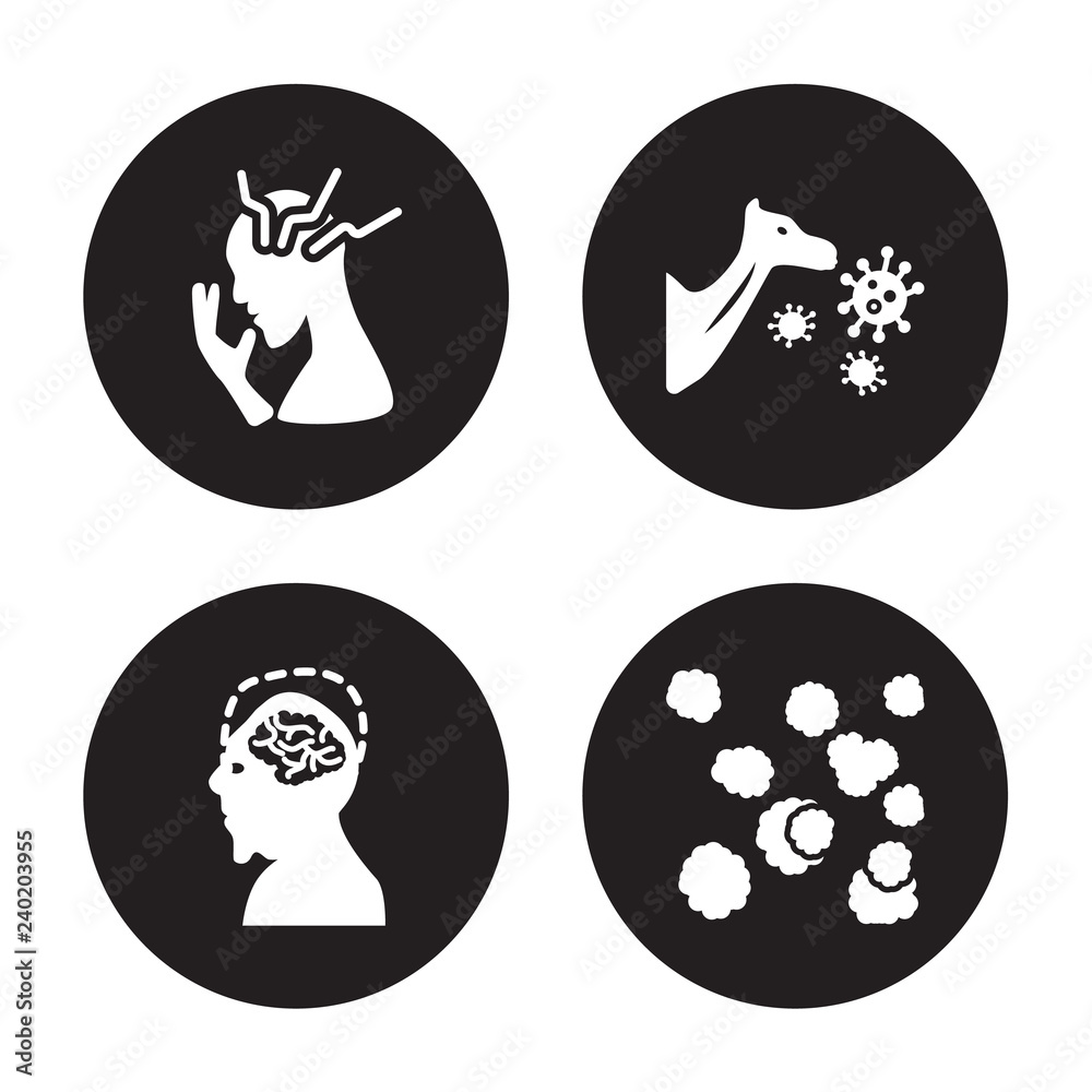 4 vector icon set : Mattticular syndrome, Malaria, Marburg fever, Mad cow disease isolated on black background 4 vector icon set : Mattticular syndrome, Malaria, Marburg fever, Mad cow disease isolated on black background