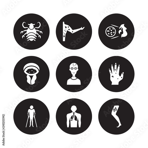 9 vector icon set : Pertussis, Peritonitis, Parasites äóñ Scabies, Paratyphoid fever, Parkinson's disease, Periodontal disease isolated on black background