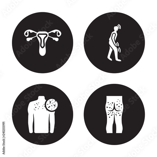 4 vector icon set : Non-gonococcal urethritis, Neoplasm, Night blindness, Necrotizing Fasciitis isolated on black background