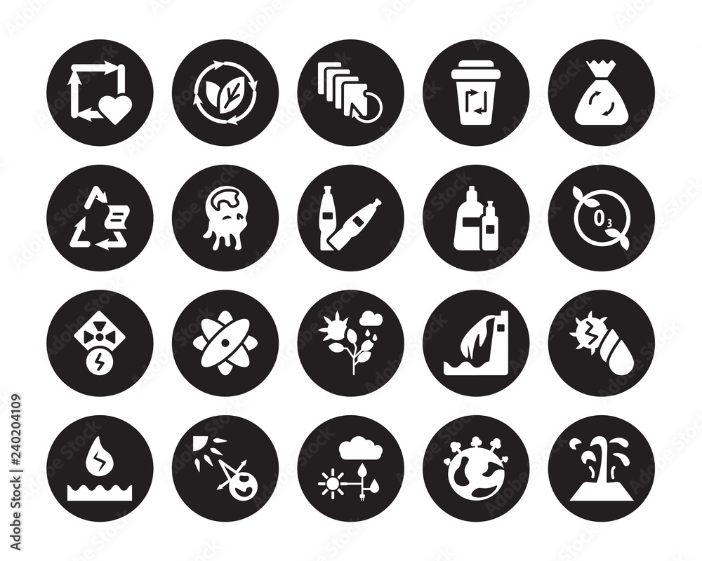 20 vector icon set : Reuse, earth, energy, house effect, Hydraulic Recycle bag, Plastic, Nature, Nuclear power, Pollution, Recycled Paper isolated on black background 20 vector icon set : Reuse, earth, energy, house effect, Hydraulic Recycle bag, Plastic, Nature, Nuclear power, Pollution, Recycled Paper isolated on black background