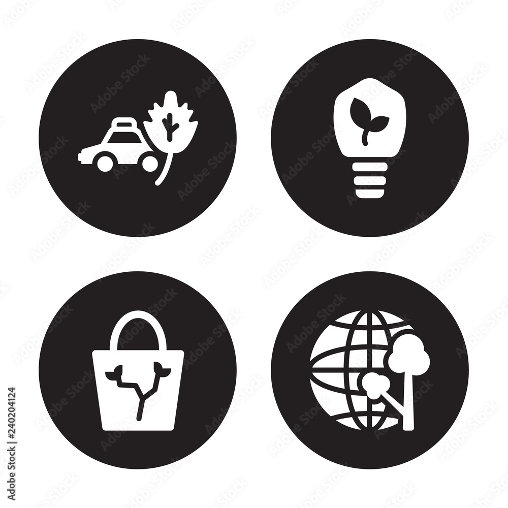 4 vector icon set : Eco car, bag, bulb, isolated on black background