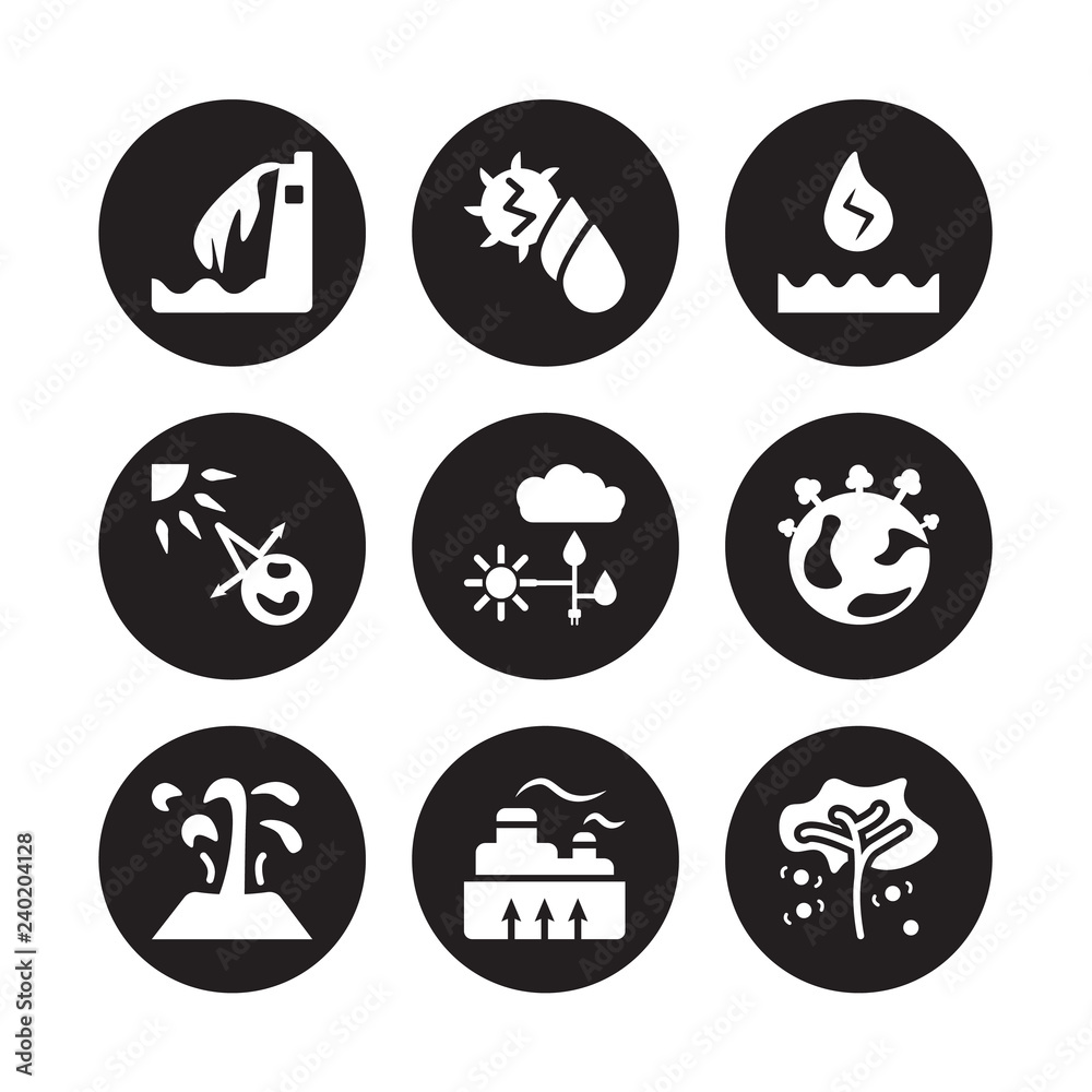 9 vector icon set : Hydroelectric power station, Hydro power, Geyser, earth, energy, Hydraulic house effect, Geothermal Energy isolated on black background 9 vector icon set : Hydroelectric power station, Hydro power, Geyser, earth, energy, Hydraulic house effect, Geothermal Energy isolated on black background