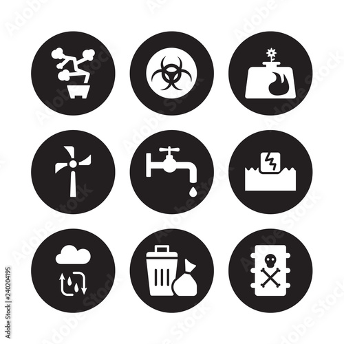 9 vector icon set : Bonsai, Biohazard, Water cycle, energy, tap, Biogas, Wind turbine, Waste isolated on black background