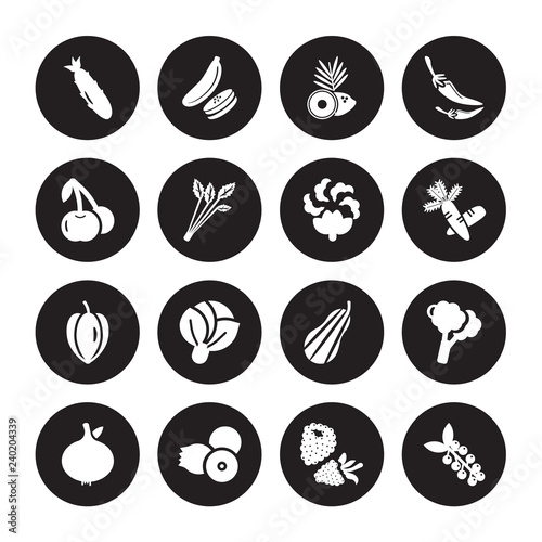16 vector icon set : Cucumber, Blackberry, berries, Breast milk fruit, Broccoli, Berries, Cherries, Carambola, Cauliflower isolated on black background