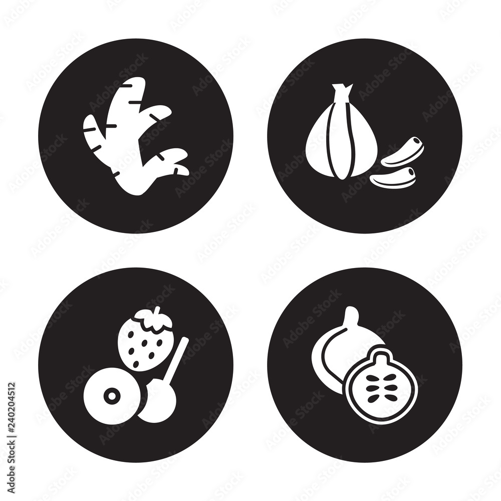4 vector icon set : Ginger, Fruit, Garlic, Fig isolated on black background 4 vector icon set : Ginger, Fruit, Garlic, Fig isolated on black background