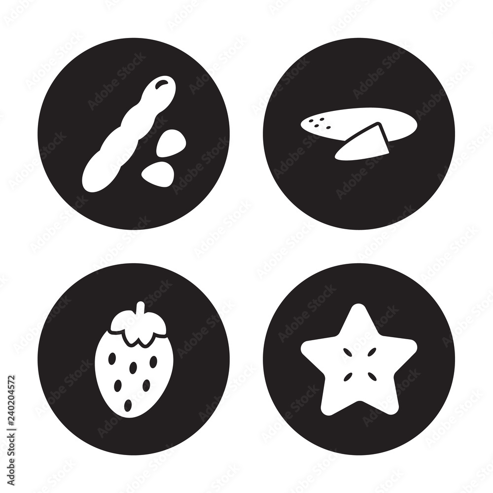4 vector icon set : Tamarind, Strawberry, Sweet potato, Star fruit isolated on black background