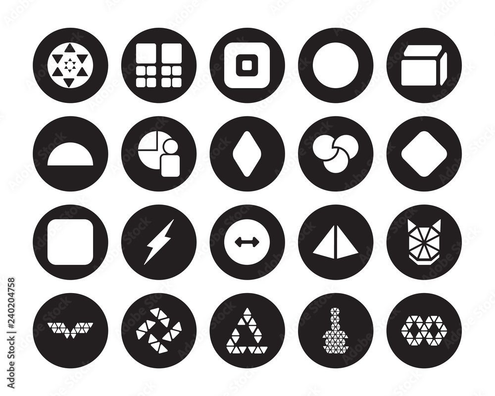 20 vector icon set : Sri yantra, Polygonal triangles guitar, triangular recycle, windmill, wings, Side to side of a cube, Rgb, Radius isolated on black background 20 vector icon set : Sri yantra, Polygonal triangles guitar, triangular recycle, windmill, wings, Side to side of a cube, Rgb, Radius isolated on black background