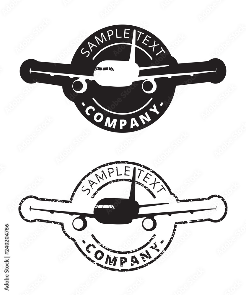 Black plane logo circle border, silhouette airplane icon sphere print ...