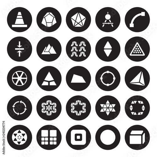25 vector icon set : cone, Sphere, Square, Squares, Sri yantra, Triangle of triangles, Transform, Star ornament small Synergy, Vertical alignment isolated on black background.