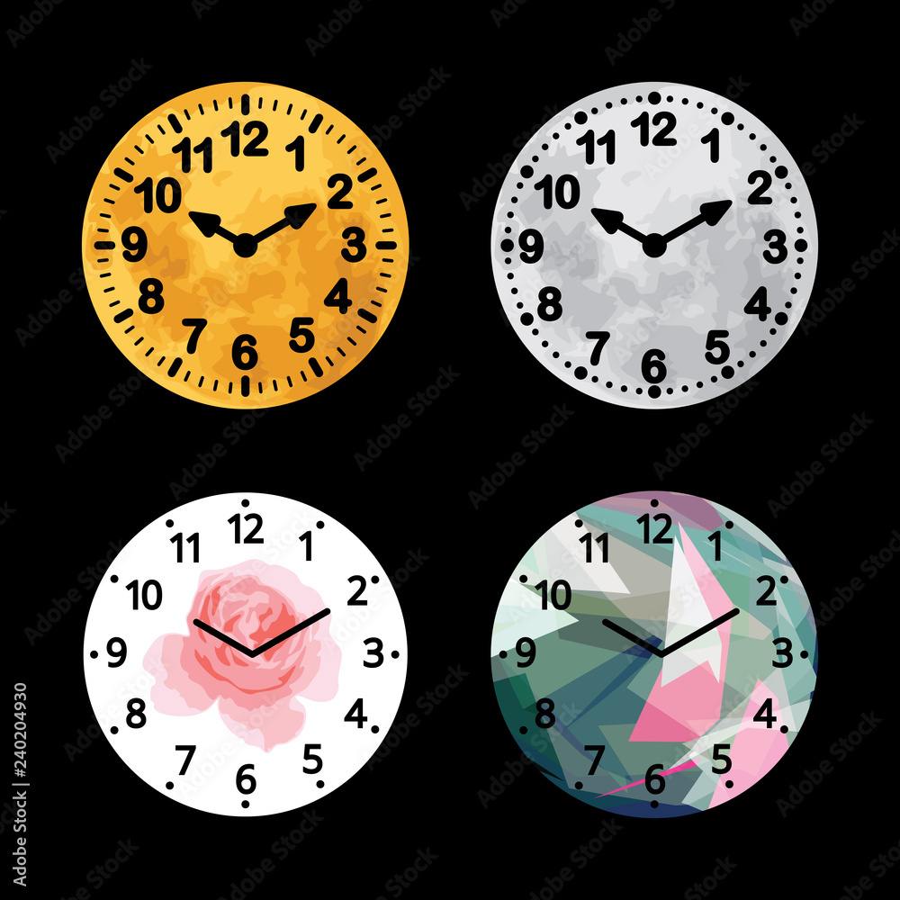 Set Of Black And White Alarm Clock Flat Block Icon Design, Classic Vintage  Dial Wall Timer. Basic Round Face Watch Easy Digit Number Show Time By Hour  And Minute. Stock Vector |