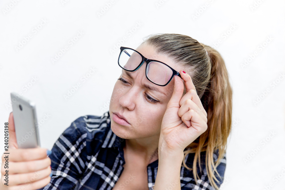 Young woman with bad eyesight with glasses and contact lenses