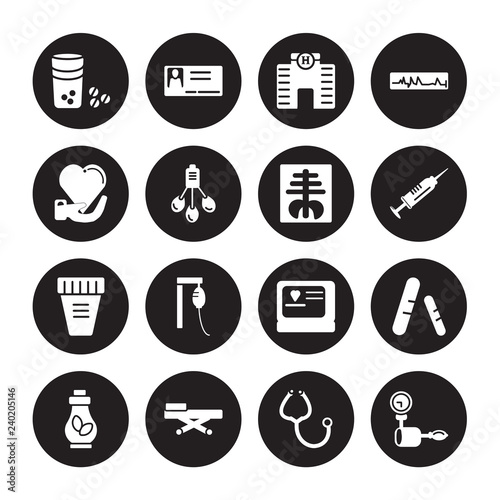 16 vector icon set : Plaster, Medicines, Neurology, Non ionizing radiation, Ointment, medical Walker, Petri dish, Otoscope, Patient isolated on black background