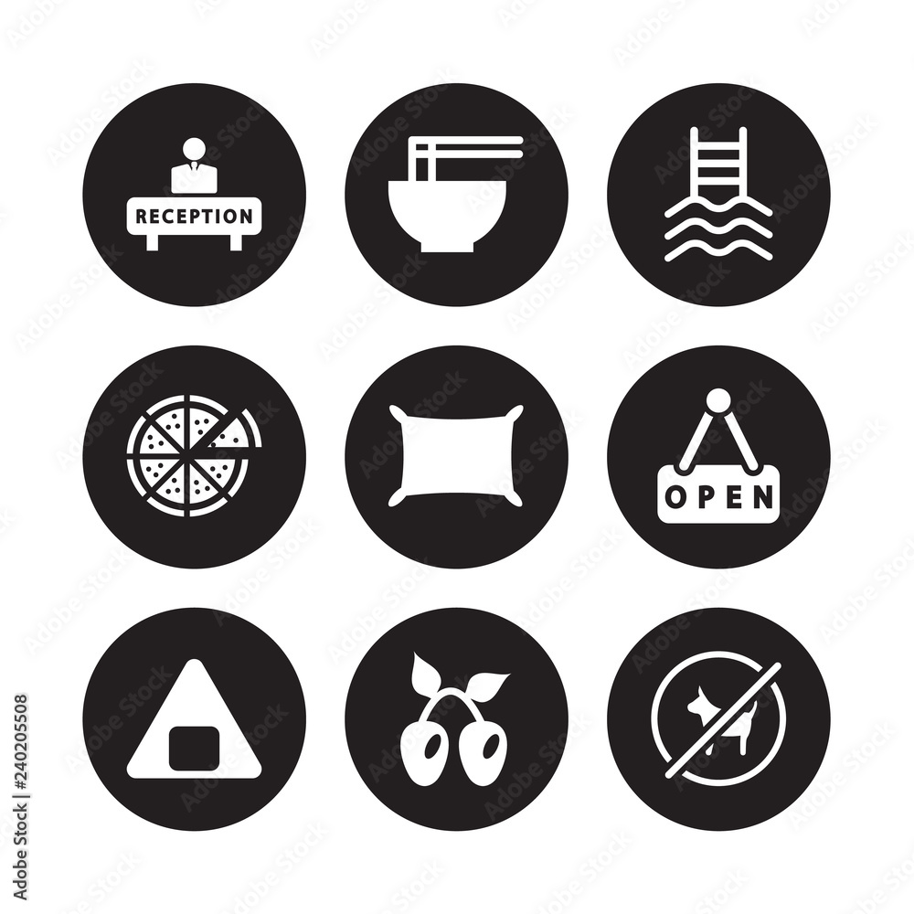 9 vector icon set : Reception, Ramen, Onigiri, Open, Pillow, Pool, Pizza, Olives isolated on black background