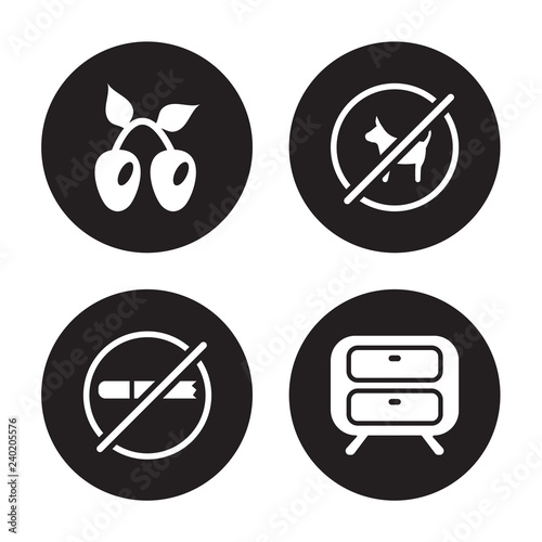 4 vector icon set : Olives, No pets, smoking, Nightstand isolated on black background