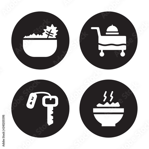 4 vector icon set : Salad, Room key, service, Rice isolated on black background