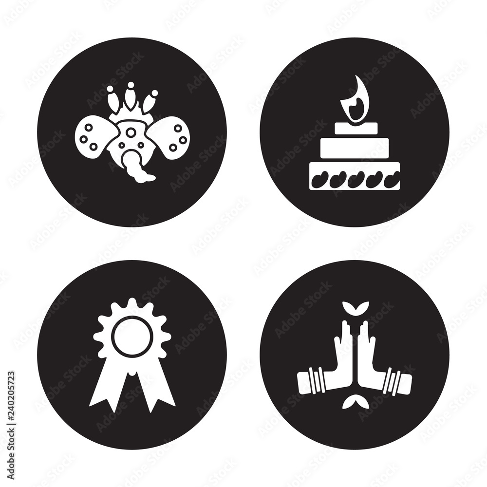 4 vector icon set : indian Goddess, india Badge, Yagna, Namaste isolated on black background 4 vector icon set : indian Goddess, india Badge, Yagna, Namaste isolated on black background