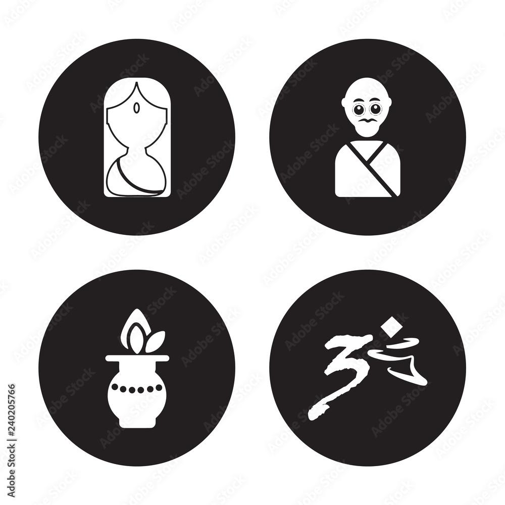 4 vector icon set : Woman, Kalasha, mahatma gandhi, Hindu isolated on black background 4 vector icon set : Woman, Kalasha, mahatma gandhi, Hindu isolated on black background