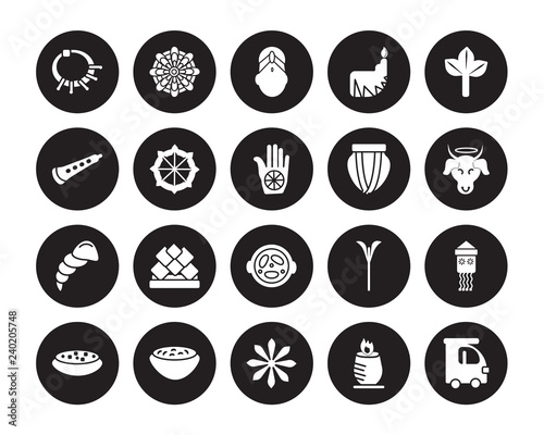 20 vector icon set : Devi, Tandoori, Anise, Curry, Tikka masala, Bael tree, Tablas, Malai kofta, Conch shell, Dharma, Bindi isolated on black background